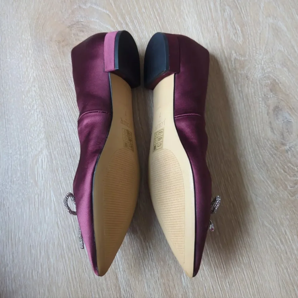 J Crew Womens Flat Size 7 Burgundy Satin Pointy Toe Dress Shoe Crystal Bow Comfy